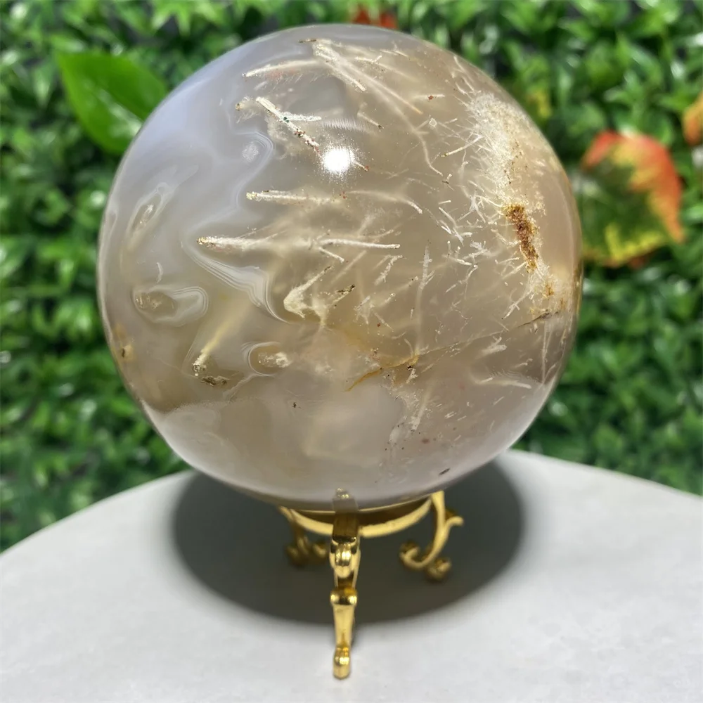 Natural White Hair Agate Geode Crystal Ball Mineral Gemstone Specimen Sphere Spiritual Meditation Reiki Healing Stone Decoration