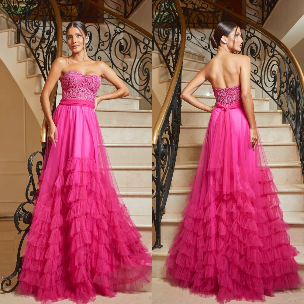 Customized Tulle Applique Draped Tiered Engagement A-line Strapless Bespoke Occasion Gown Long Dresses