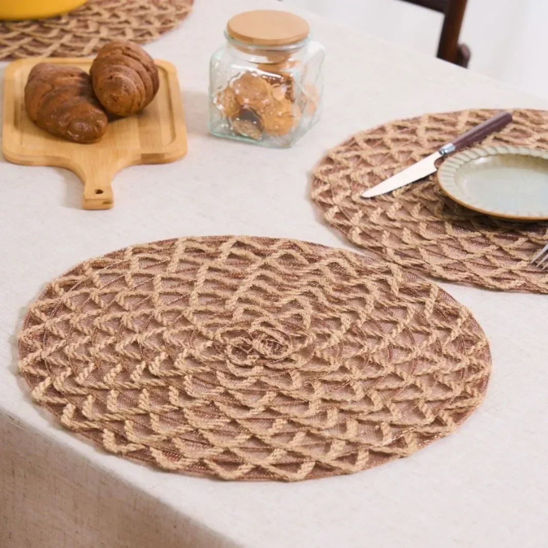 Rural Style Hollow Table Mat Woven Hemp Rope Placemat Insulation Heat-resistant Decoration Plate Mat for Kitchen Dining Table