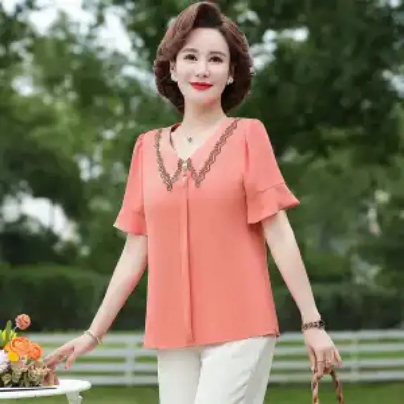 

Elegant Elderly Women Summer Chiffon Blouse Embroidery V Neck Flare Short Sleeve Loose Casual Top