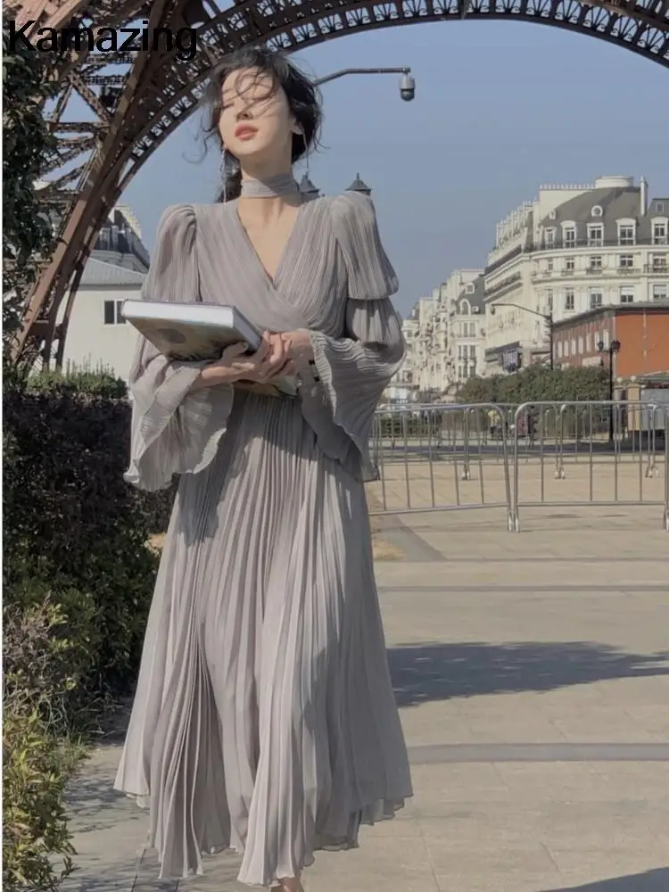 French Vintage Wedding Evening Party Dress Autumn V-neck Flare Sleeve Pleated Long Dresses for Women Fashion One Piece Vestidos