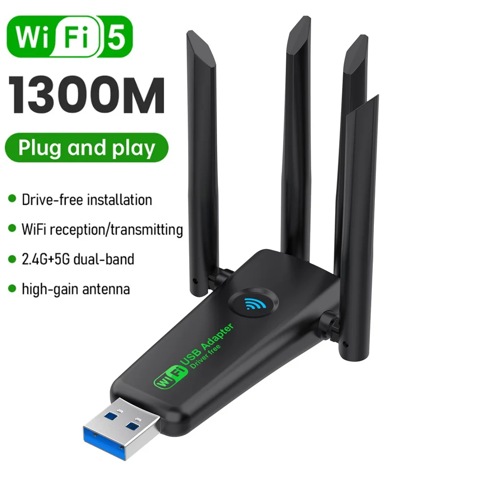

1300Mbps WiFi USB Adapter Dual Band 2.4G/5Ghz Wi-Fi Dongle USB3.0 High-Speed 802.11AC 4-Antennas Wireless Receiver Driver Free
