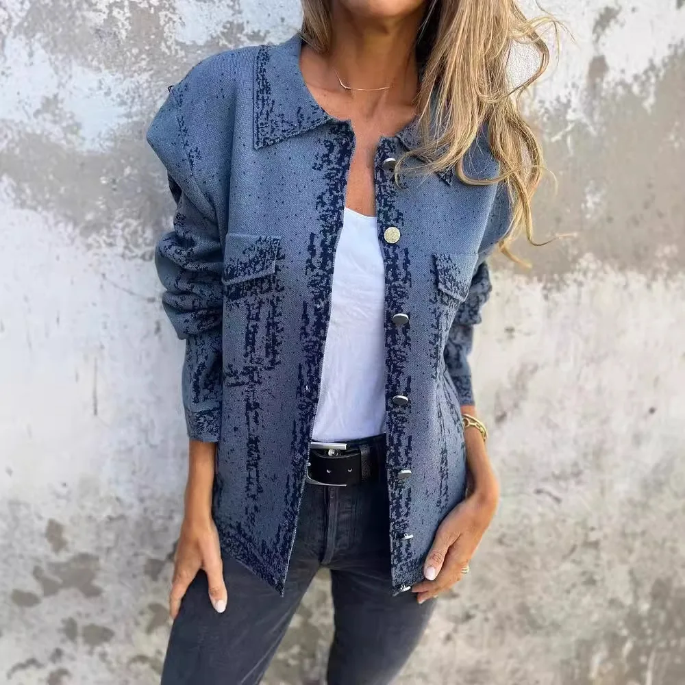 Casual Denim-Look Knit Jacket for Women, Long Sleeve Button Front Shacket with Pockets, Retro Washed Streetwear Coat