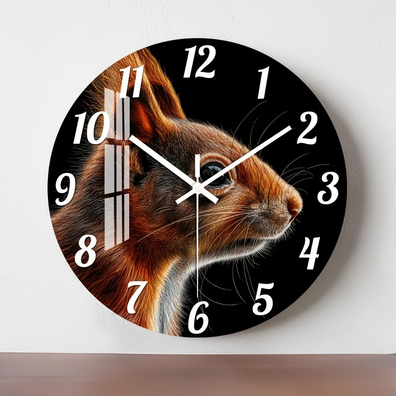 1pc Silent Wall Clock | Non-Ticking Wooden, Decorative Circular Clock with HD Glossy Lamination Finish, Close-up of a Red Squirr