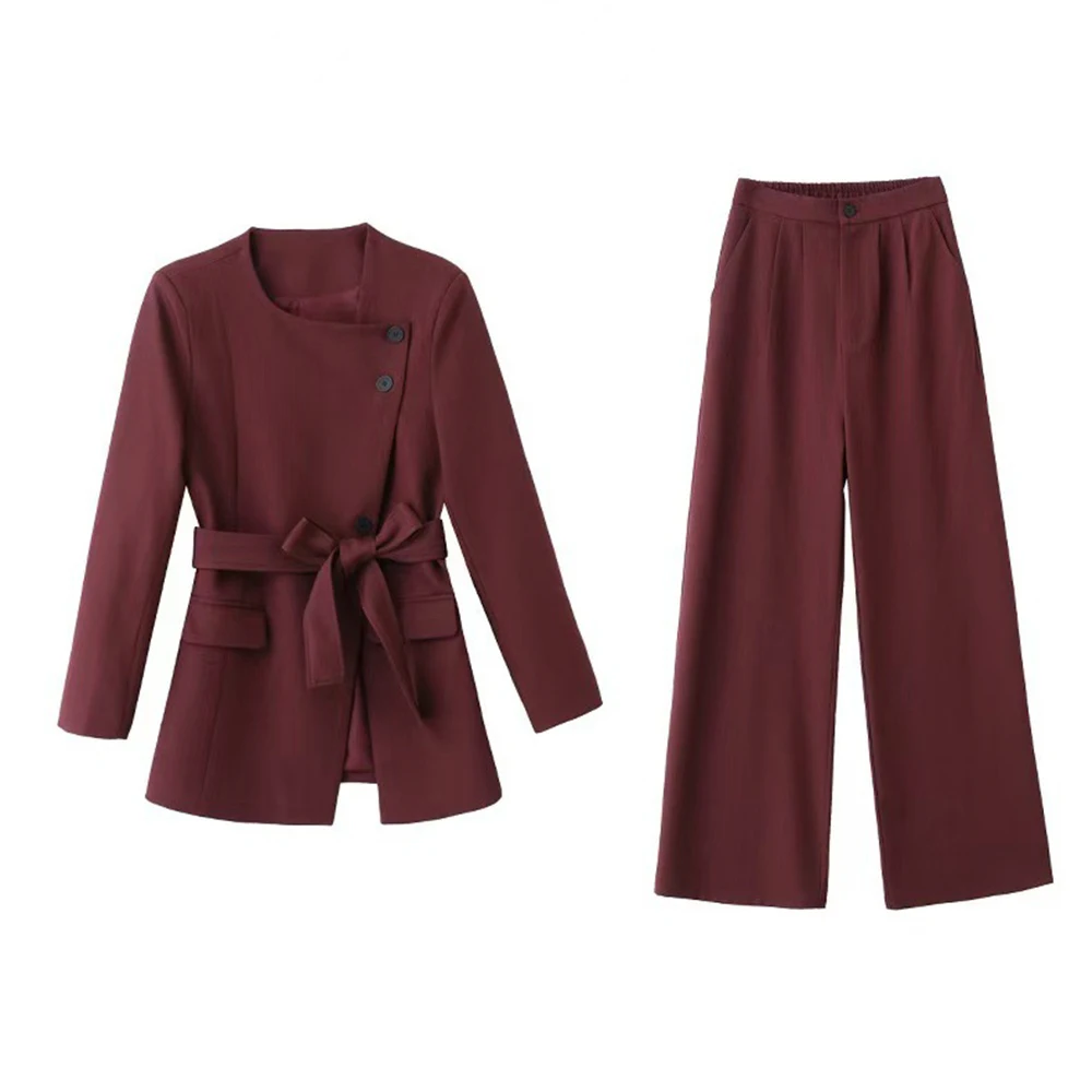 TWOTWINSTYLE Burgundy Two Piece Sets For Women Square Collar Long Sleeve Coats High Waist Straight Pant Casual Set Female New