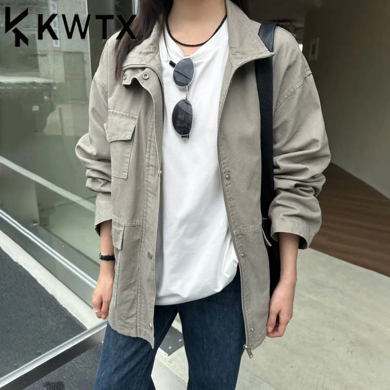 

KWTX 2025 Autumn Winter Women's Stand Collar Zip-Up Vintage Workwear Jacket Casual Elegant Short Coat High-Quality With Pockets