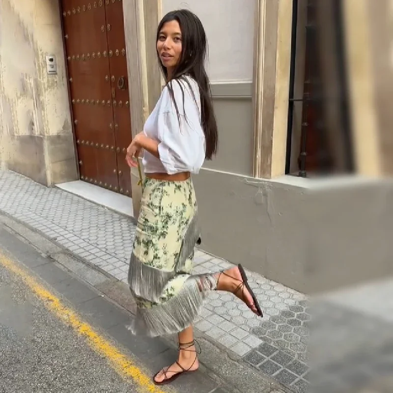 Women Floral Print Midi Skirt Boho Tiered Tassel High Waist Dress Chic Slim Bodycon Long Skirt Retro Holiday Beach Party Outfit