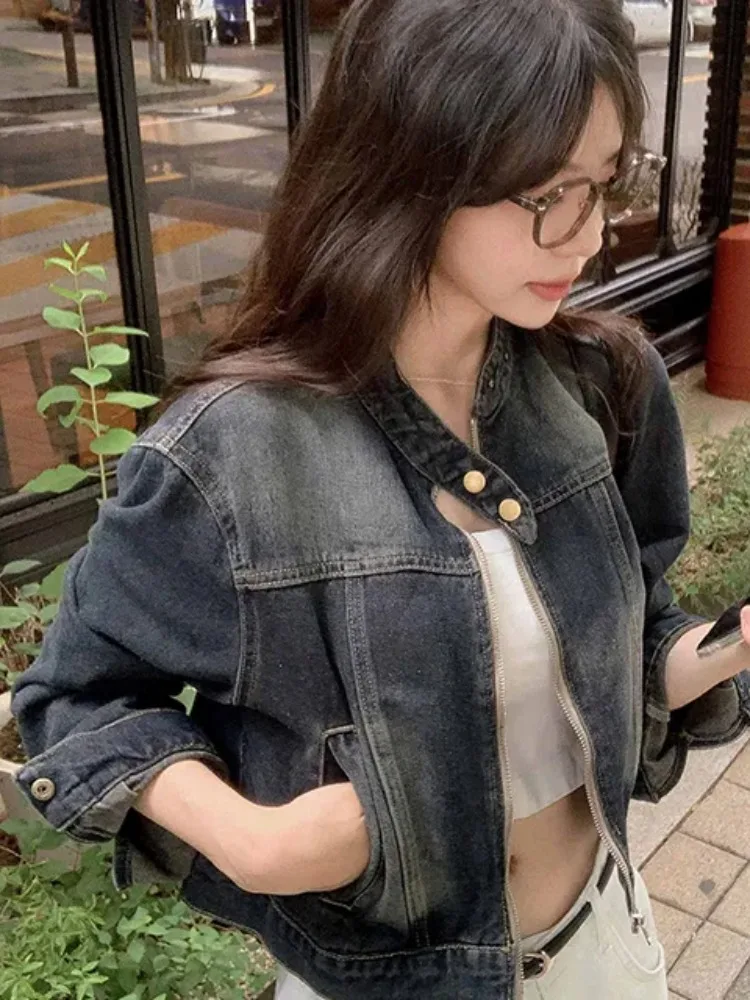 

Шикарный джинсовый джинсовый джерт свободного кроя на молнии для женщин с воротником-стойкой, осенний модный повседневный универсальный топ небольшого размера, уличный Sle