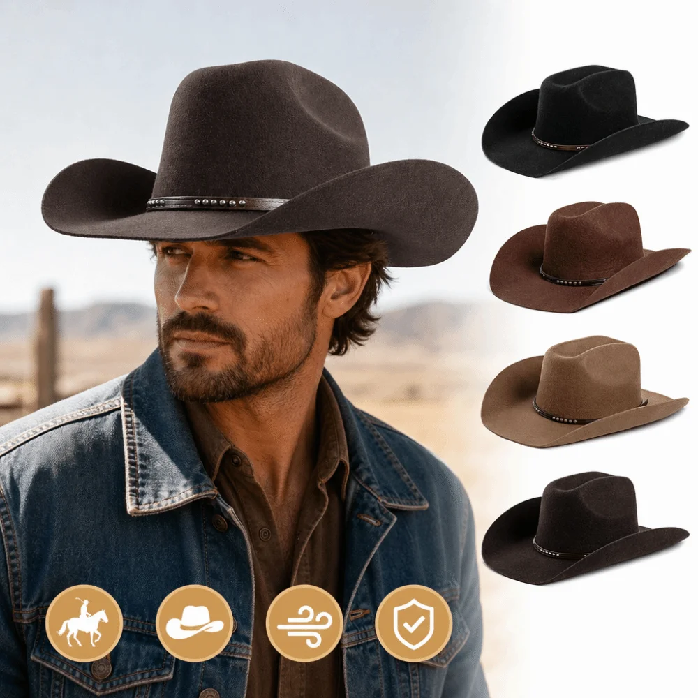 100% Wool Wool Cowboy Hat Concave Shape Wide Brim Wide Brim Fedora Hat Studded Leather Band Decorative Buckle