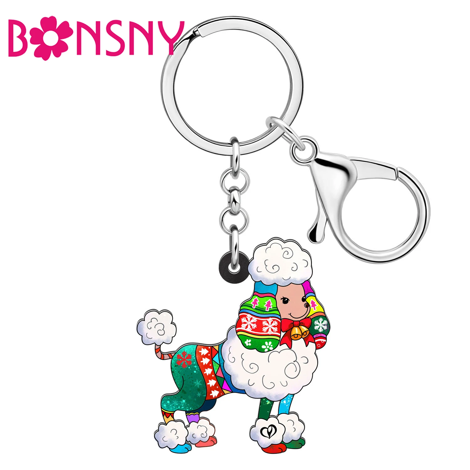 

Bonsny Christmas Acrylic Snow Poodle Dog Keychains Cartoon Puppy Pets Purse Key Chains Rings for Women Girls Charms Accessories