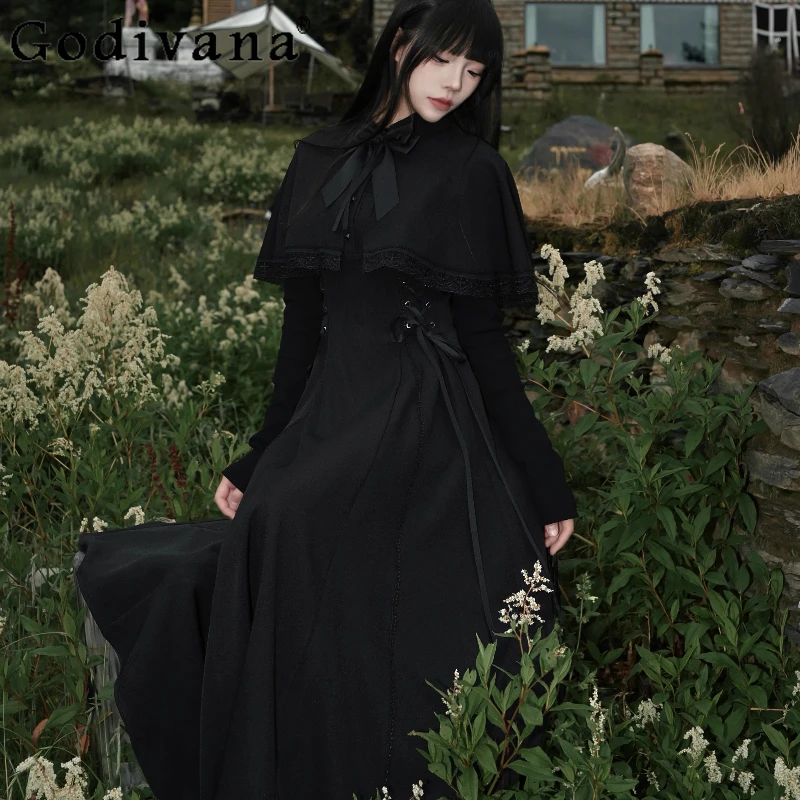 

Original Design French Cape Dress Women's Vintage Autumn Winter Elegant Dress Female High Waist Bow Collar Lace Long Dress