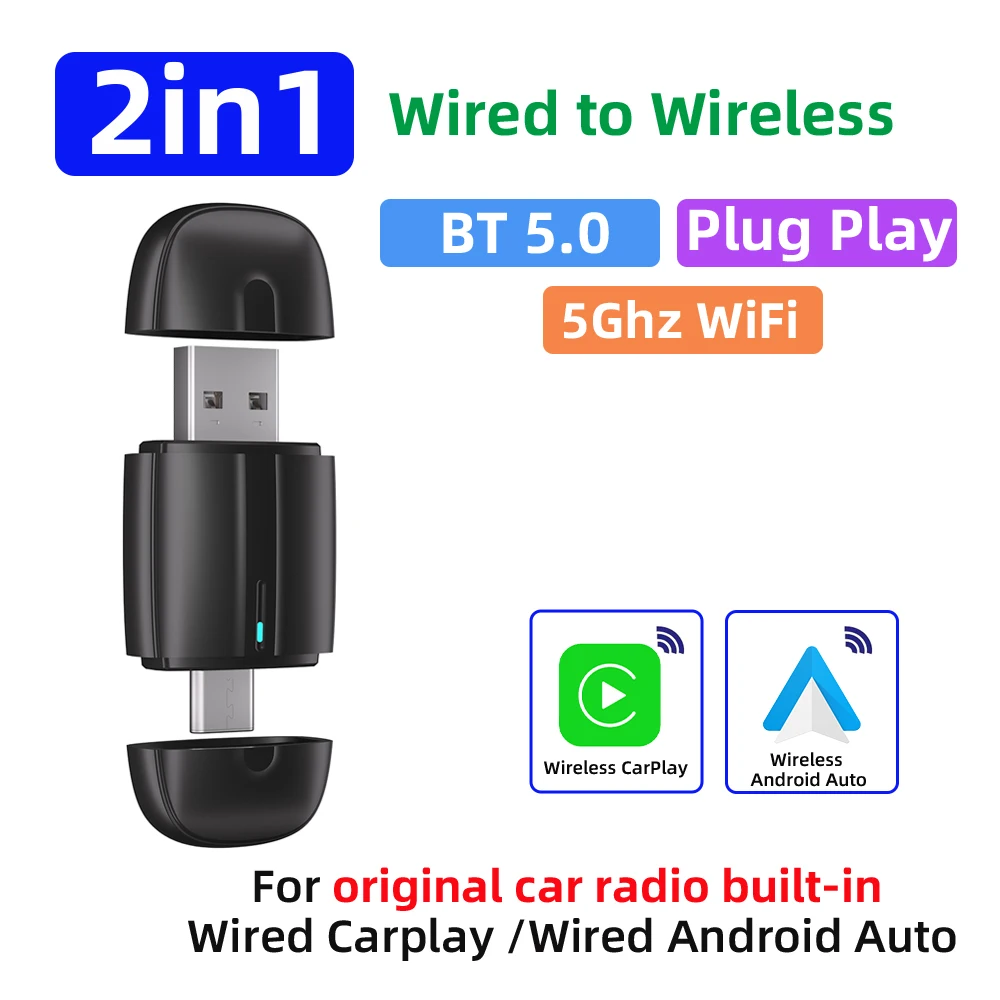 Android Auto Wireless Carplay USB Bluetooth Wifi Plug and Play Typ-C Neuer 2-in-1-Dongle für Audi Benz Volvo VW Toyota Skoda Seat