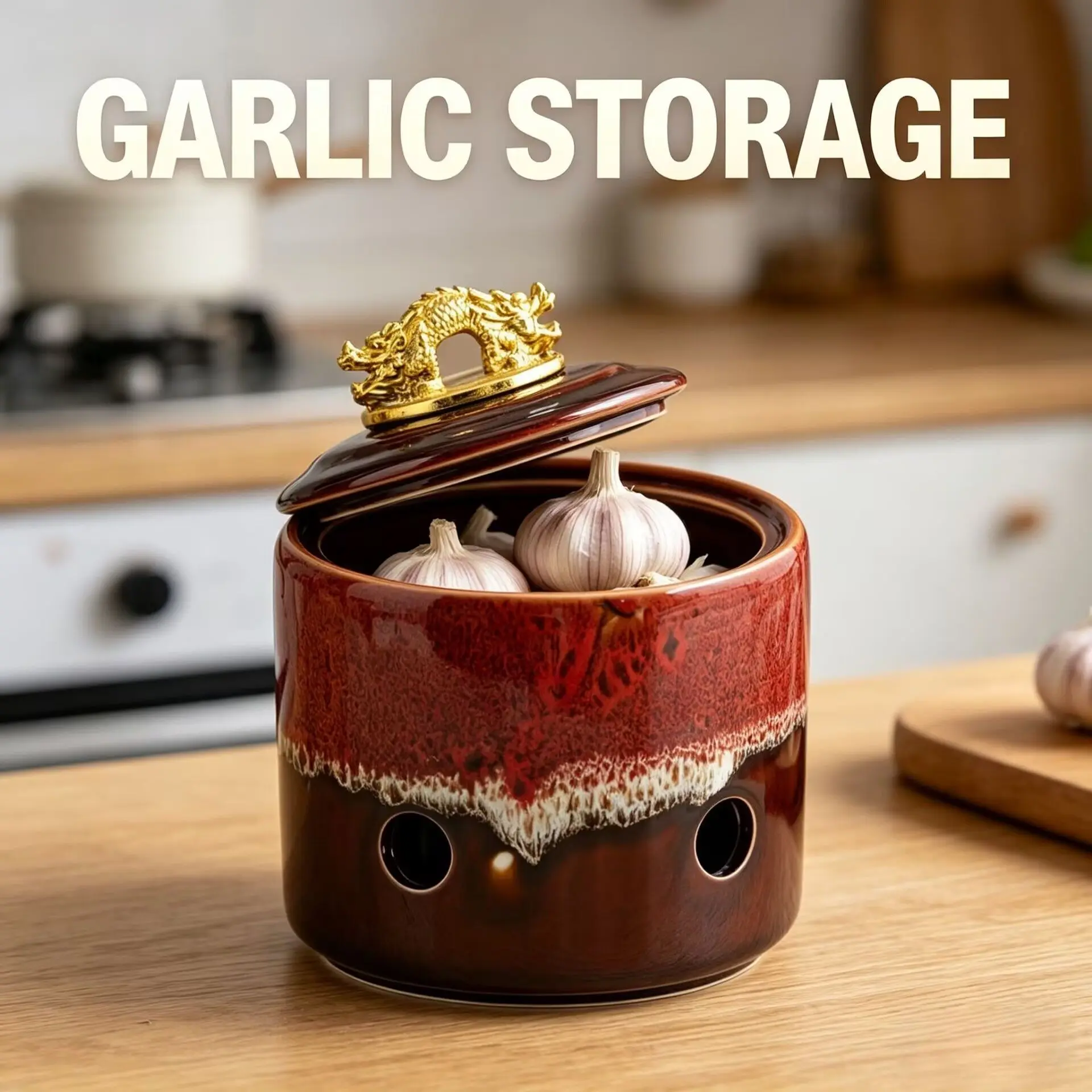 Large-capacity ceramic kiln-changed glaze fresh-keeping tank for garlic, kitchen food storage tank fresh-keeping box