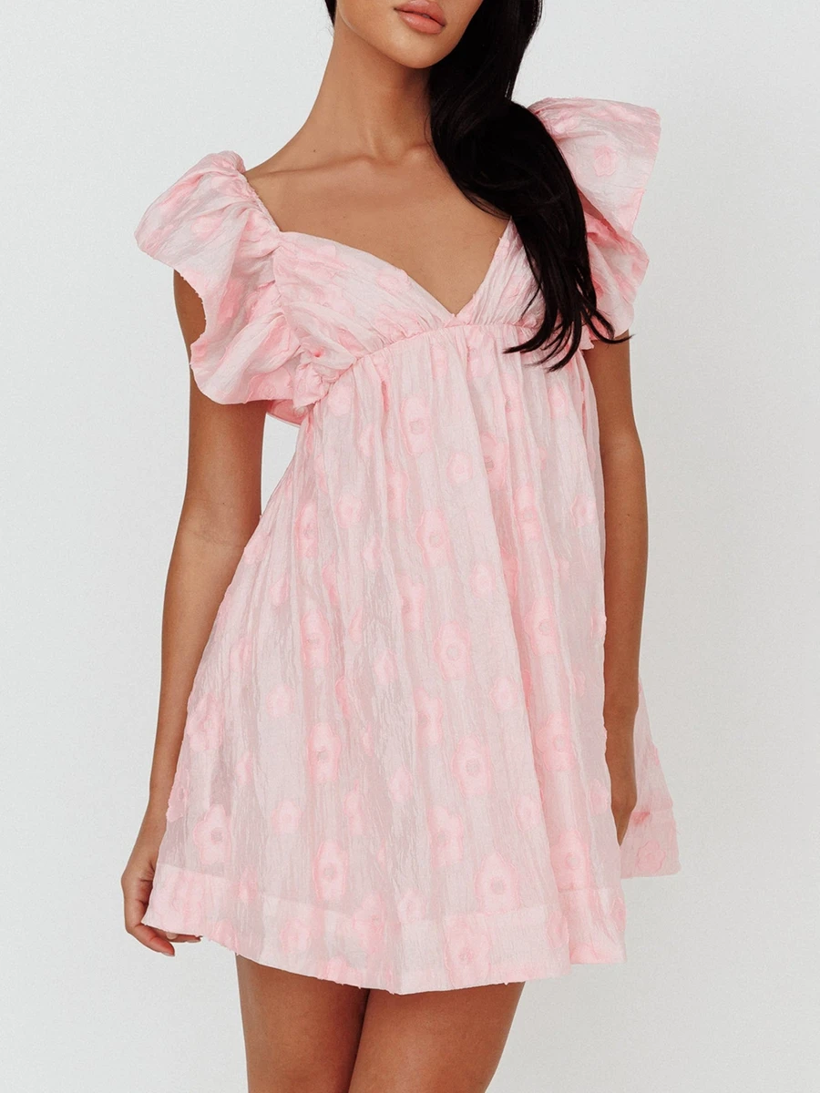 Dames Boho Chic bloemenprint diepe V-hals korte mouw A-lijn mini-jurk voor zomerse strandvakantiestijl