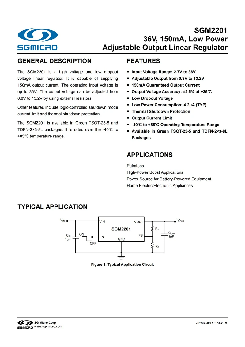 10Pcs/Lot SGM2201-ADJYTN5G/TR TSOT-23-5 36V,150mA,Low Power Adjustable Output Linear Regulator,integrated circuit IC