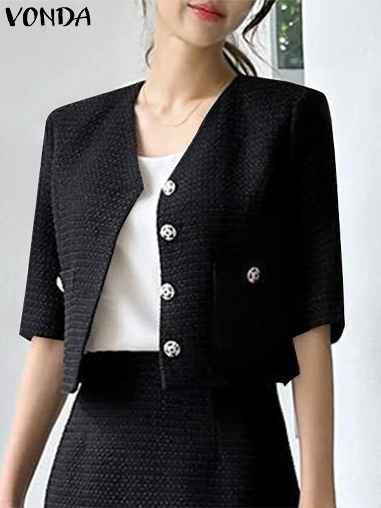 2024 VONDA Elegant Office Short Blazer Summer Women Suits Coats Half Sleeve Solid Color Fashion Casual Outwears Oversized Femme