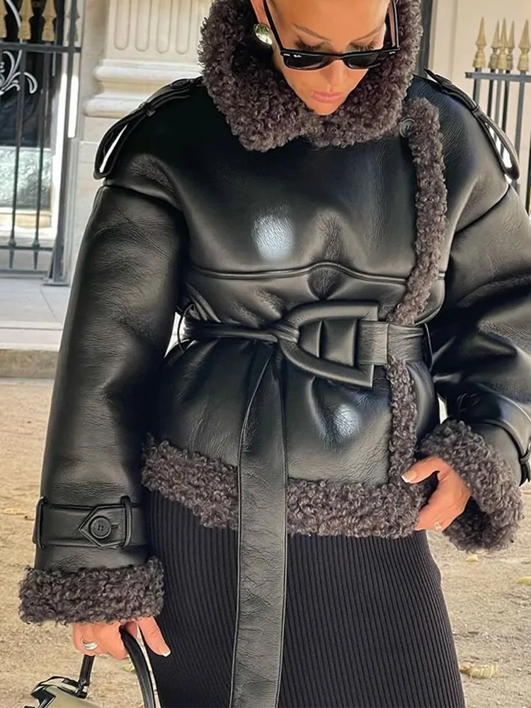 Winter New Black Fur Leather Patchwork Jackets Women Fashion Lapel Long Sleeves Belt Thick Coats 2024 Lady Warm Street Outwears