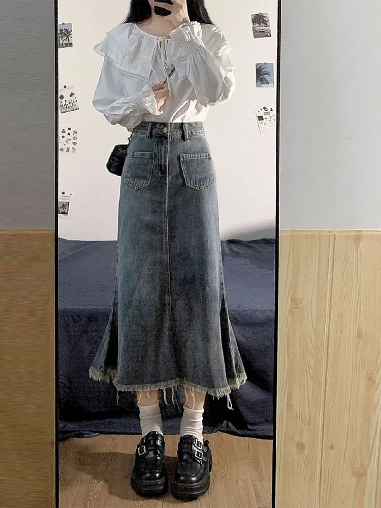 

Denim Skirt Women Blue Casual High Waist A Line Vintage Long Skirt Spring 2023 Fashion Slit Fashion Mermaid Skirt Female