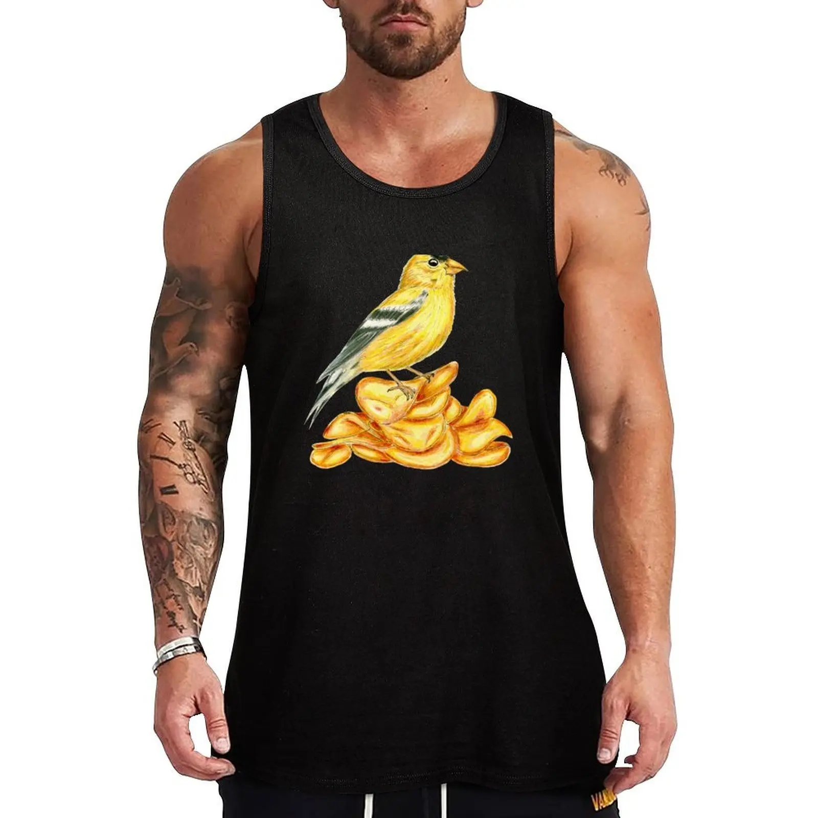 

Potato Chip Bird American Goldfinch Yellow navy background Tank Top Durable Work Tank Top Outdoor Utility Sleeveless Shirt
