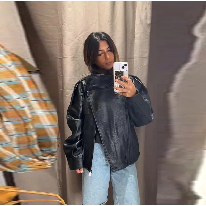 Jaqueta de Couro Feminina de Manga Longa com Gola Alta Estilo Europeu e Americano Edição 2026