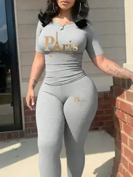 Haven  Paris printed two-piece set, casual short sleeved round neck T-shirt and tight pants long pants set