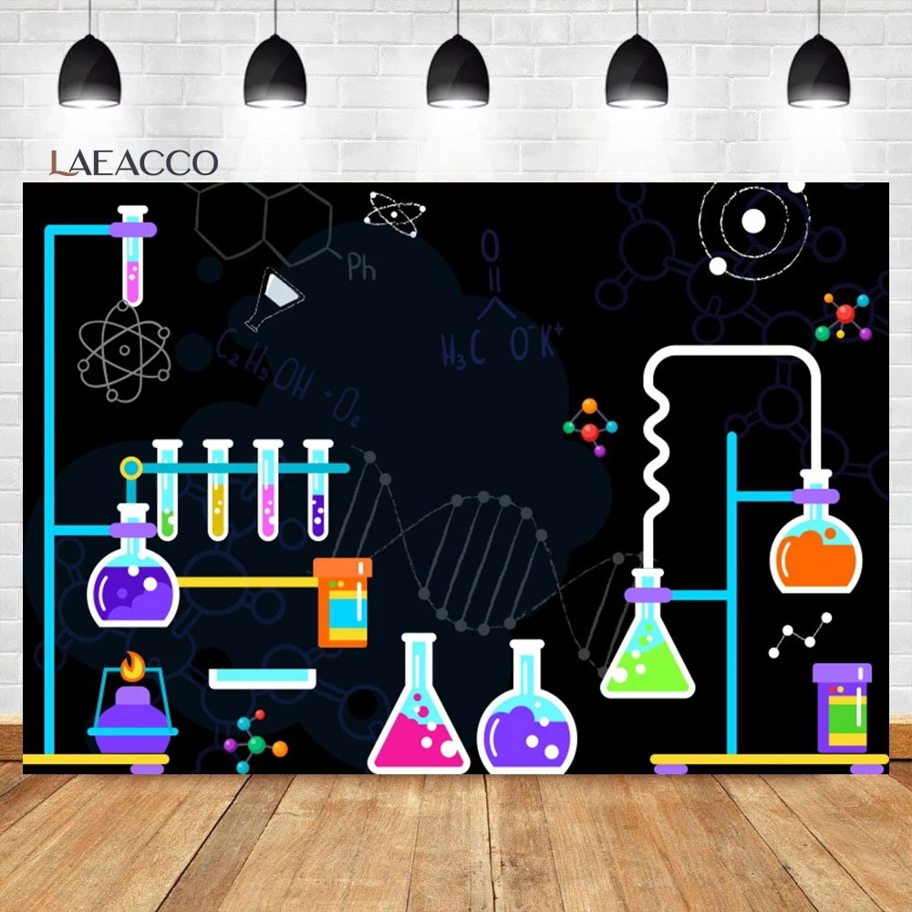 

Laeacco Chemical Science Birthday Backdrop Cartoon Chemistry Lab Equipment Science Research Kids Portrait Photography Background