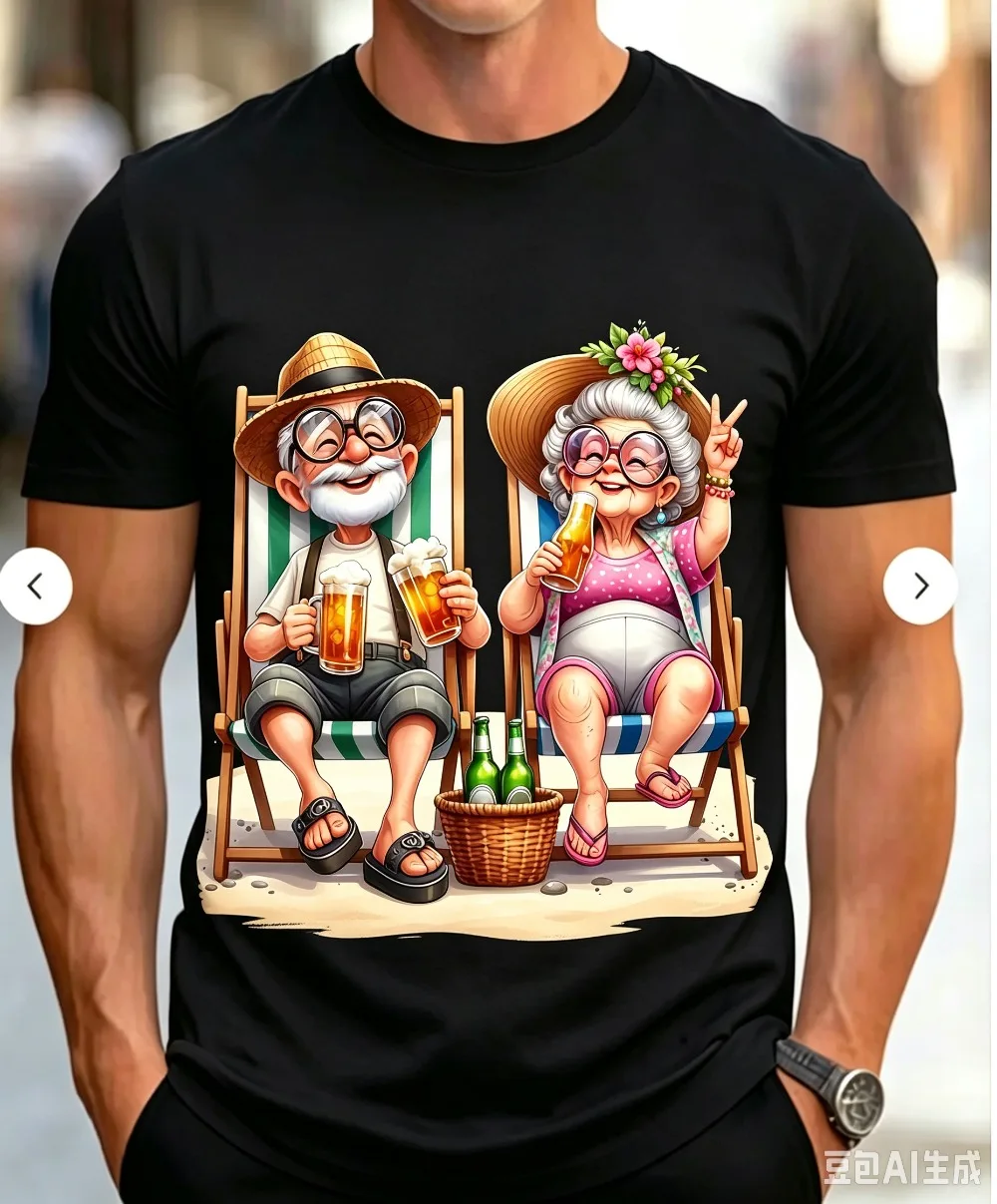 Summer beach vacation old couple beer cartoon 3D printed short-sleeved men's funny casual goofy character T-shirt upper garment