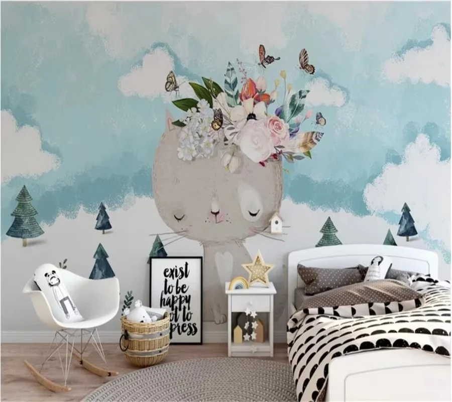 Custom wallpaper 3d mural Nordic modern cartoon kitten flower children's room TV background hand-painted urban architecture wall