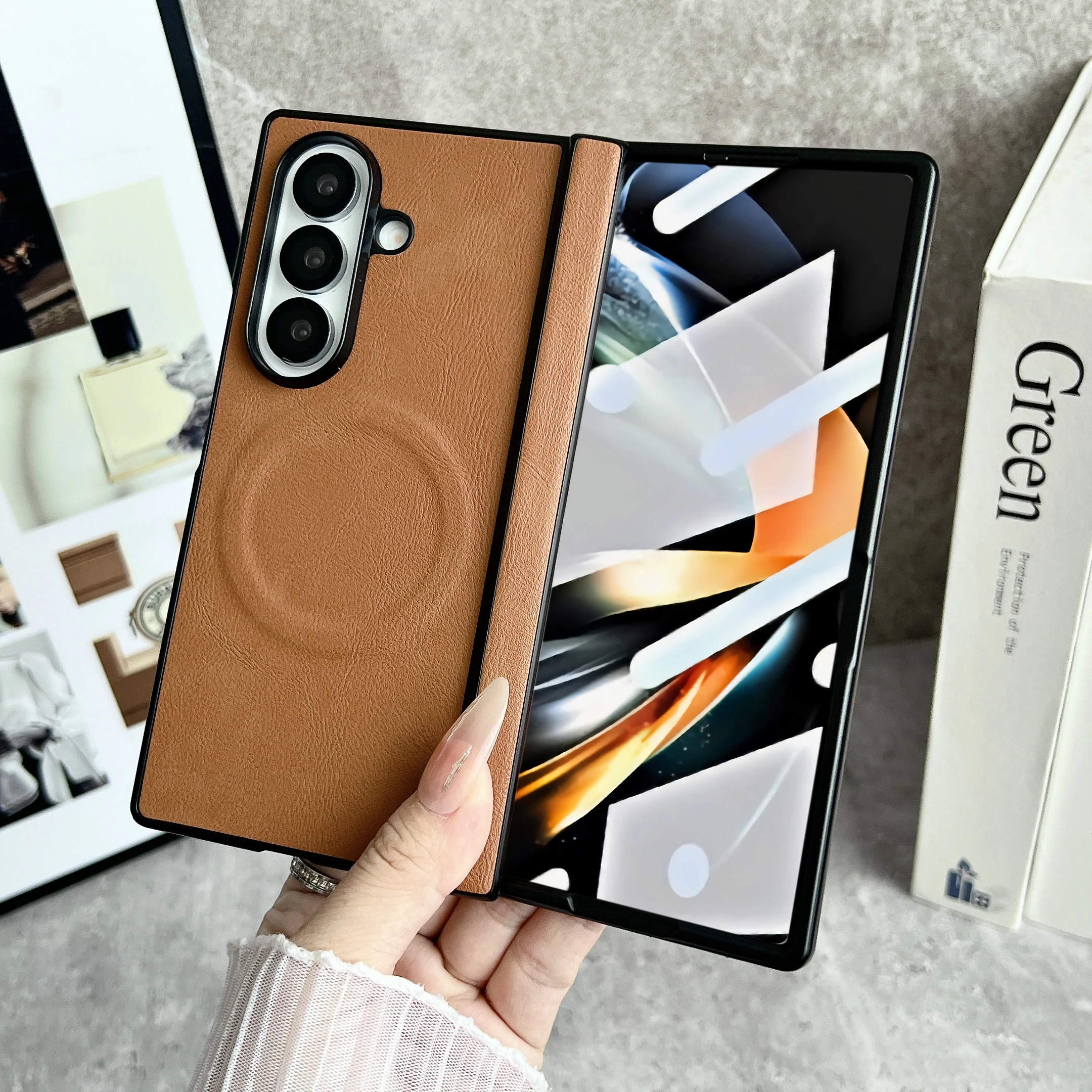 For Samsung Galaxy Z Fold 7 8 Ultr Fashion Leather Phone Case Front Protection Film Hinge MagSafe Magnetic Hard Shell Back Cover