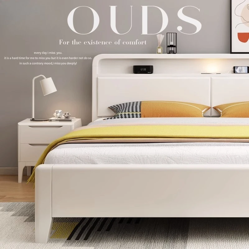Solid wood bed Modern simple storage bed White cream wind single double bed Bedroom Nordic master bedroom Small apartment