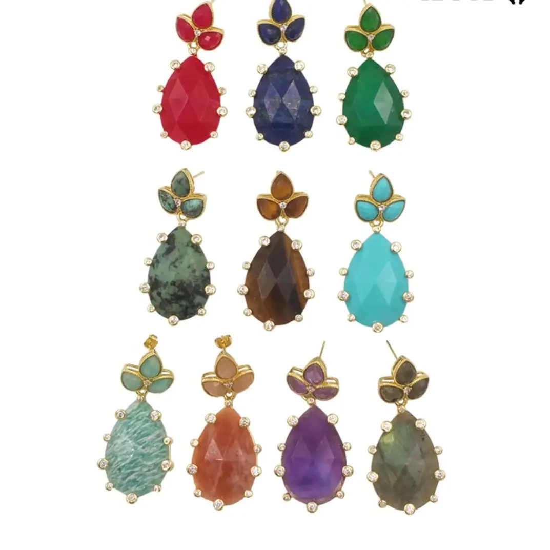 

WKT-E756 Unique Beautiful Waterdrop Shape Natural Colored Gemstone With Cubic Zircon Paved Women Daily Earring Decorated