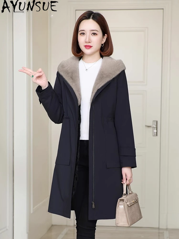 AYUNSUE réel manteau de fourrure de vison femmes vêtements d'hiver col de vison Parka mi-longue 2025 manteau de fourrure véritable femmes manteaux Пblogто Ж erotismoе