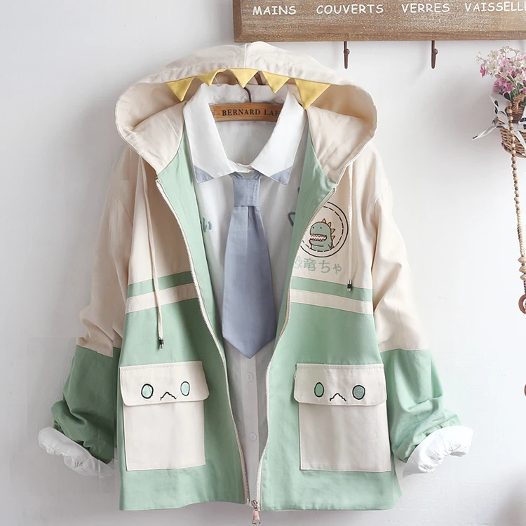 

Милый японский кардиган с капюшоном и узором в виде зубов, весенне-осенний, с вышивкой динозавра, студенческий комплект из двух предметов: топ и куртка