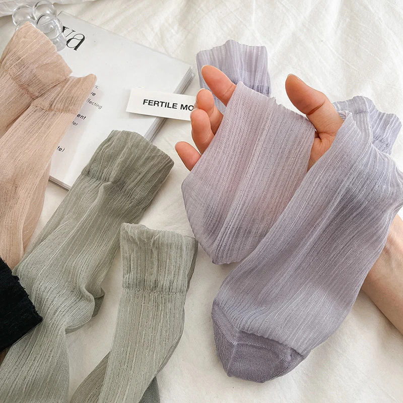 New Women's Socks Korean Style Ultrathin Soft Solid Color Transparent Socks Female Japanese Fashion Breathable Crew Socks Cute