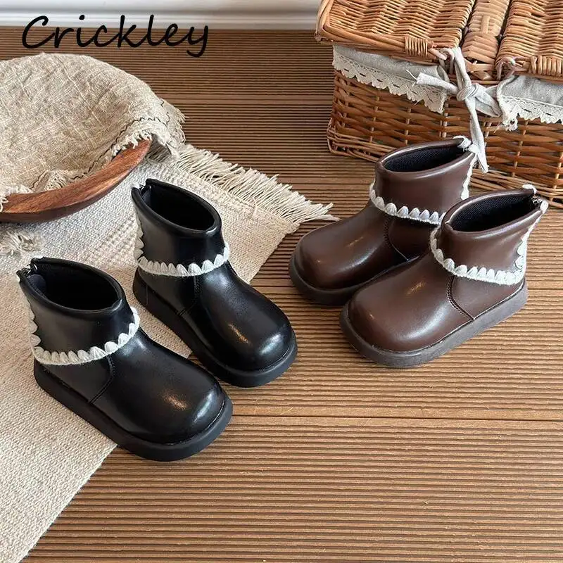 Solid PU Girls Fashion Boots Turned Over Edge Princess Children Ankle Shoes Trimming Zip Non Slip Kids Short Boots