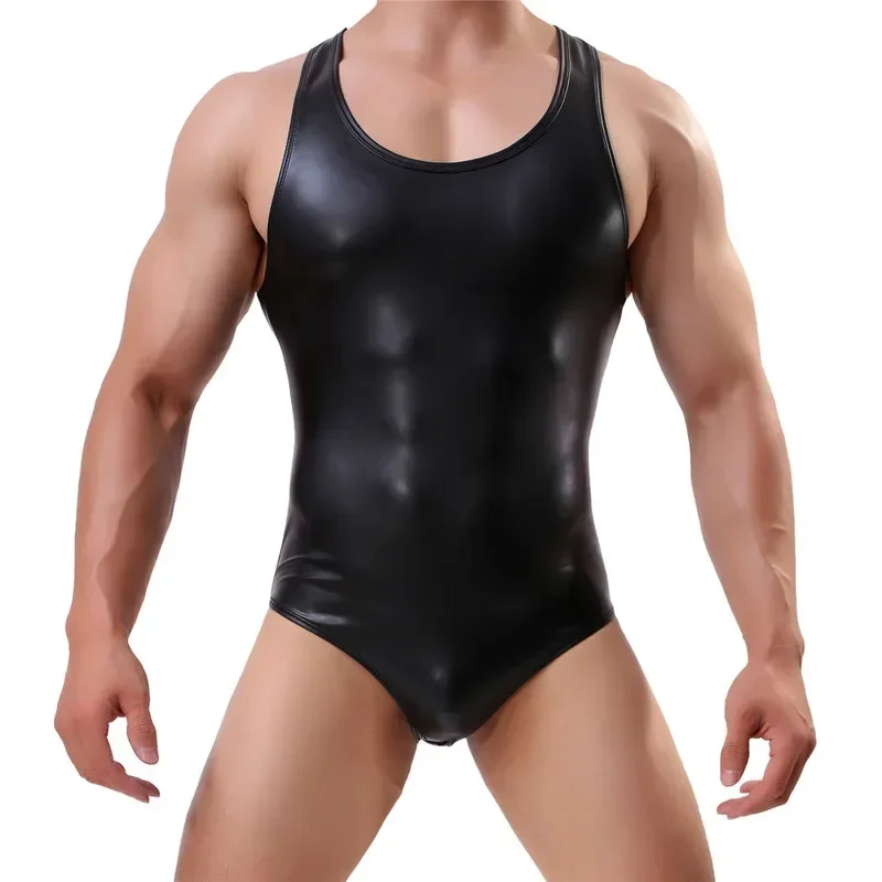 

Men Sexy Tank Tops Undershirts Faux Leather Black Bodysuits Wrestling Singlet Jumpsuits Gym Fitness One-piece Leotards Nightwear
