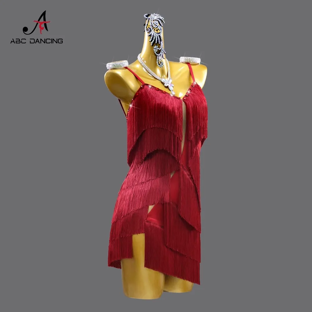 Professional wine red Latin dance fringe dress Senior dance competition performance flower 2024 Blackpool Samba art test