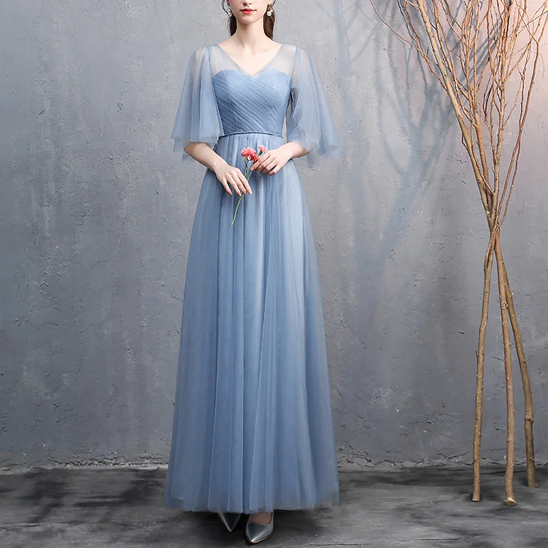 Grey And Blue Tulle Long Evening Dress For Women Wedding Party Simple And Elegant Formal Dress Bridesmaid Dresses With Bow