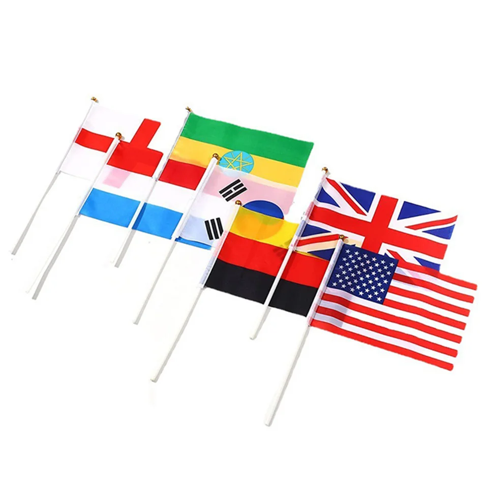 Wholesale Custom Printing Country Flag Hand Held Banner Satin Bunting for Promotion Stand Display Large Marketing Feather Flag