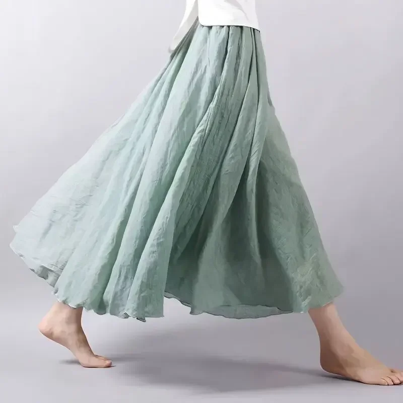 2024 Spring Summer Casual Skirts Women's Double Layer Cotton and Linen Skirt Large Size Swing Skirt Solid Color