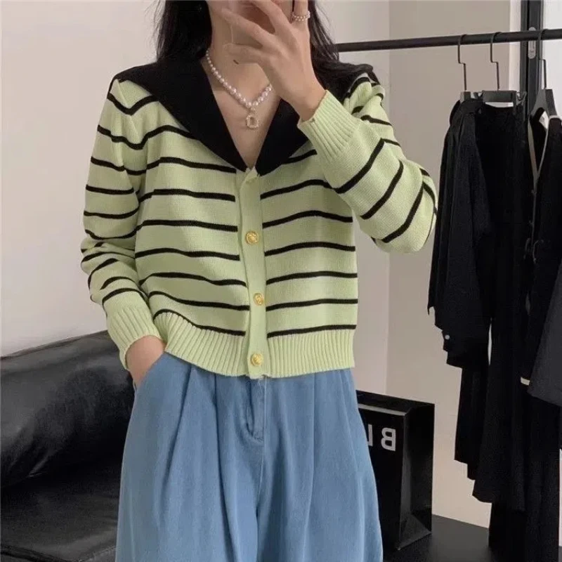 2024 Spring New Navy Collar Knitted Cardigan Women\'s Button Striped Color Blocked Sweater Minimalist Coat Fashion Short Top