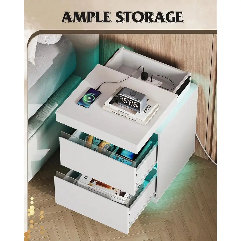 Modern 2 Drawer Nightstand, Smart LED End Table with APP-Controlled RGB Lights, Charging Station and Hidden Storage - view 5
