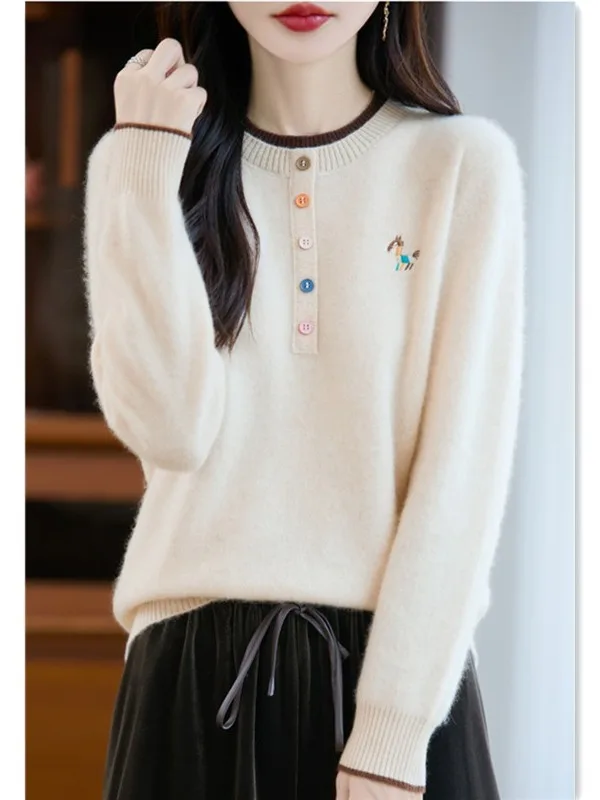 

Женский круглый шерстяной свитер с вышивкой Ne, тонкий Sle Base irt, искусственный двухсекционный осенне-зимний модный мягкий полиэстер Cam...