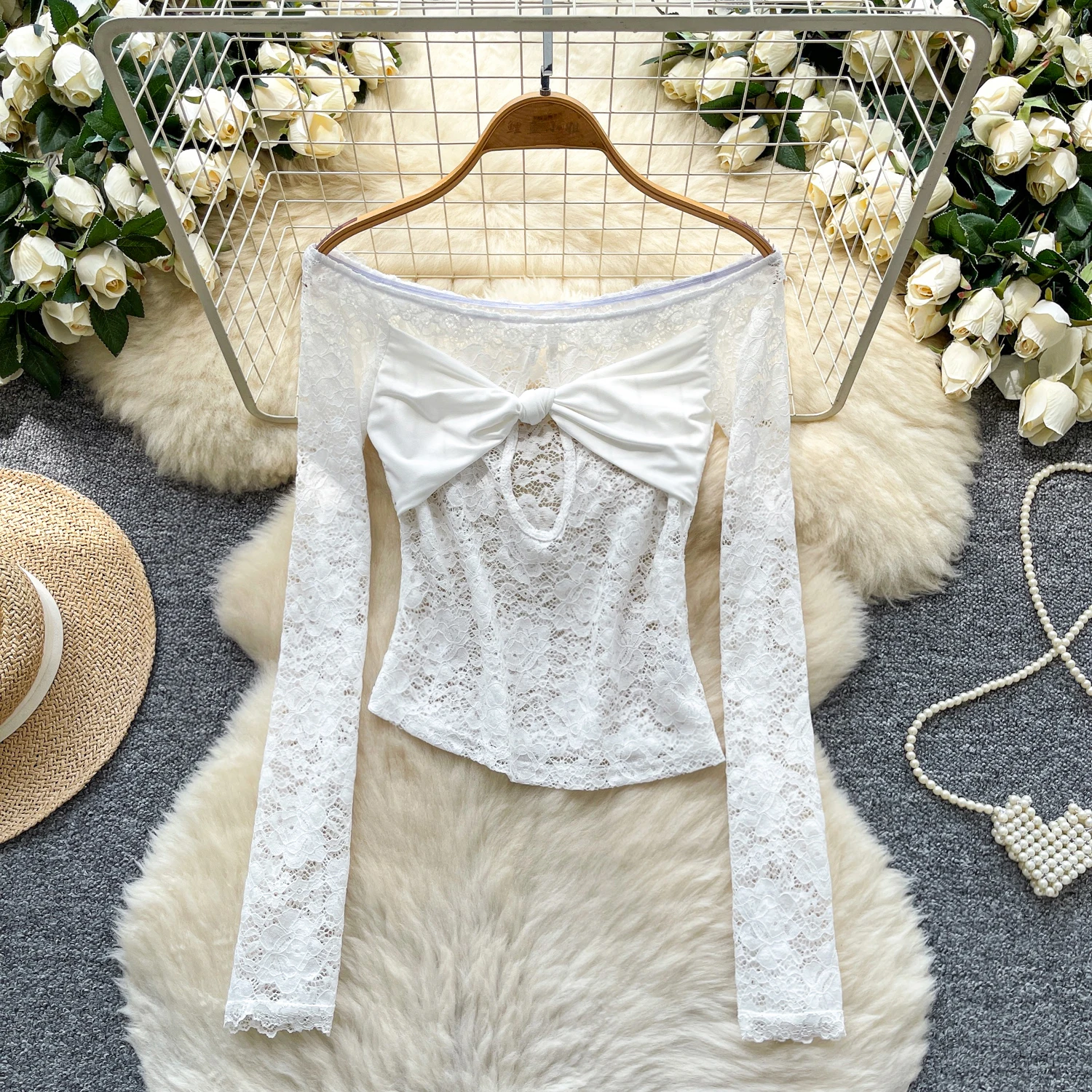 Dame Slash Neck Twist Knoten Spitze Tops Shirts Frauen Aushöhlen Pullover Weibliche Sheer Dünne Tees Mesh Trendy Weiß Prinzessin Tops