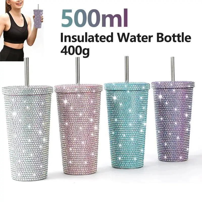 

Women Glitter Cup Water Bottle Double Layer Thermos Cups Rhinestone Stainless Steel Gift 500ml Reusable Straw Cup with Lid