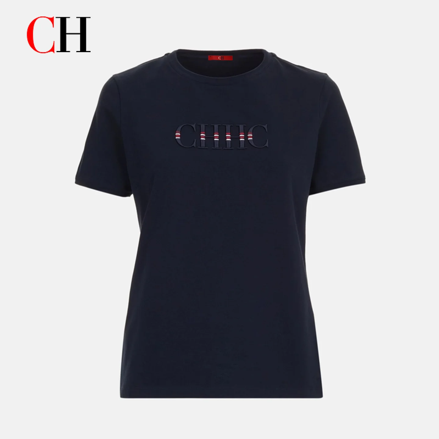 CH Women Navy Blue T-Shirt Letter Embroidery Striped Detail Short Sleeve Crew Neck Casual Cotton Tee Daily Wear Office Top