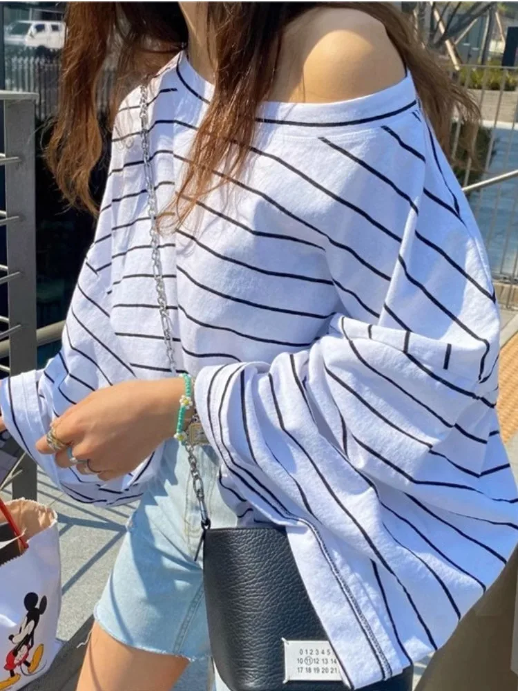 Loose Long Sleeve Shoulder Bared Women's T-shirt Spring Summer New Style Lazy Large round Neck Flared Sleeve Casual Top