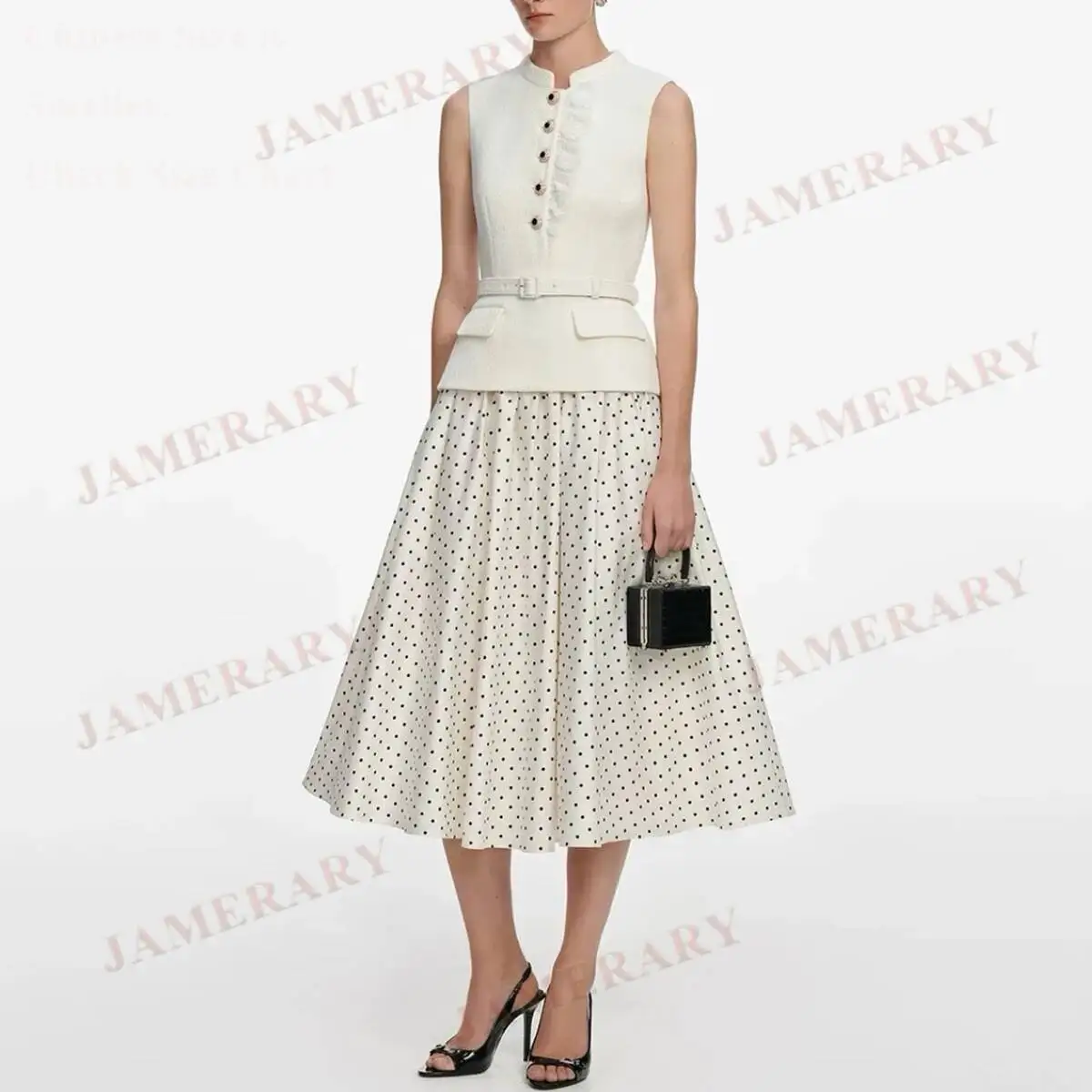 

Fake Two Piece Set Summer Long Tweed Dresses Women Polka Dot Belt Chiffon Pleated Sleeveless Formal Evening Dress Party Princess