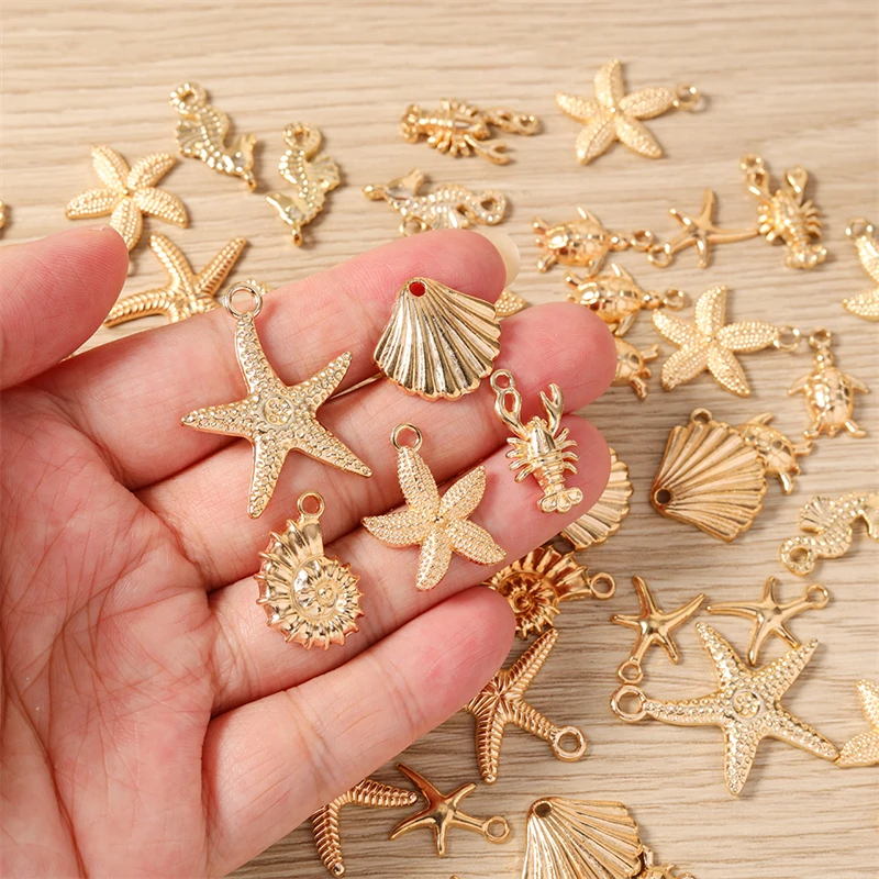 10 Stück niedliche Charms mit Meereslebewesen-Motiv, Metall-Seestern, Muschel, Schildkröte, Hummer, Anhänger für die Schmuckherstellung, Halsketten, Ohrringe, Geschenk – Detail 3