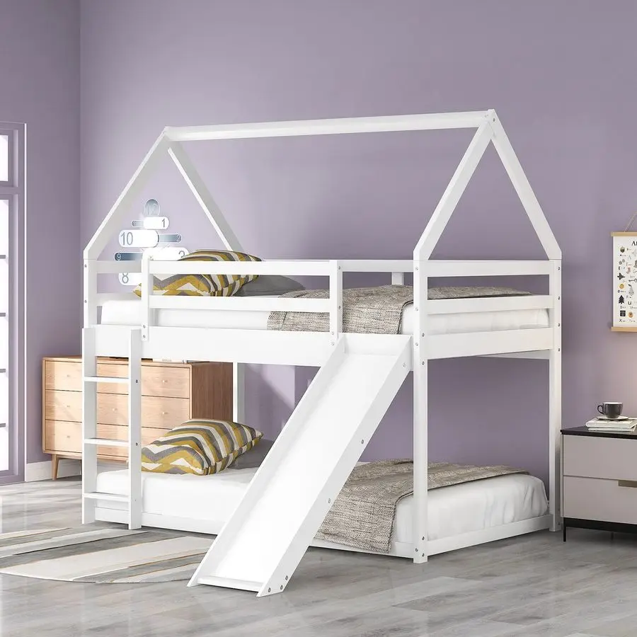 

Bunk Bed Twin Over Twin with Slide Ladder Roof,House Low Bunk Bed Frame with FullLength Guardrails,Montessori Floor Beds with W